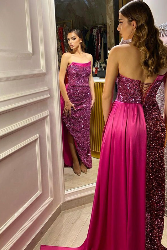 Glamorous Strapless Sequins Prom Dresses Long Ruffles With Slit