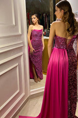 Glamorous Strapless Sequins Prom Dresses Long Ruffles With Slit