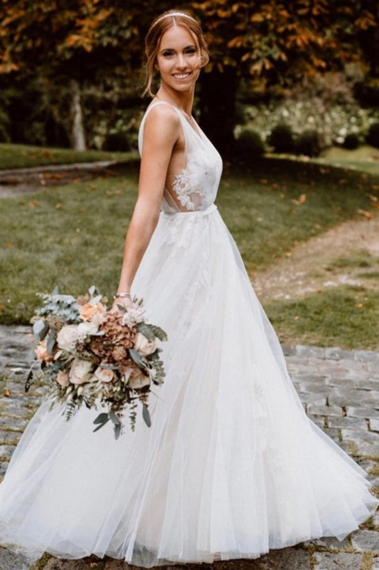 Elegant Floral A-Line Wedding Dress with Deep V-neck and Open Back