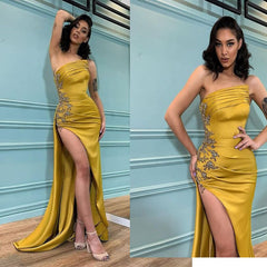 Strapless Appliques Mermaid Prom Dress Long With Split
