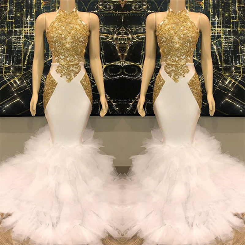 Charming High Neck Mermaid Prom Dress Gold Appliques Ruffles