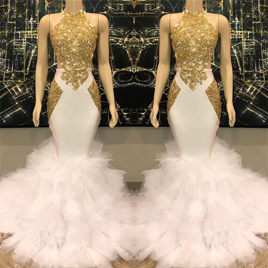 Charming High Neck Mermaid Prom Dress Gold Appliques Ruffles
