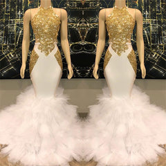 Charming High Neck Mermaid Prom Dress Gold Appliques Ruffles