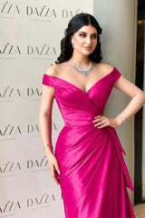 Gorgeous Fuchsia Off-the-Shoulder V-Neck Split Prom Dress with Pleated