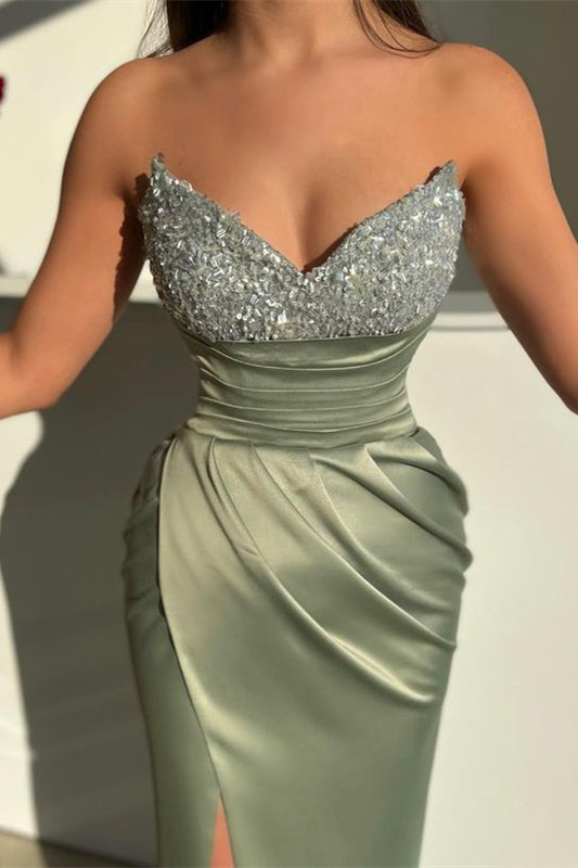 Modern Dusty Sage Sweetheart Prom Dresses Long Slit With Beads