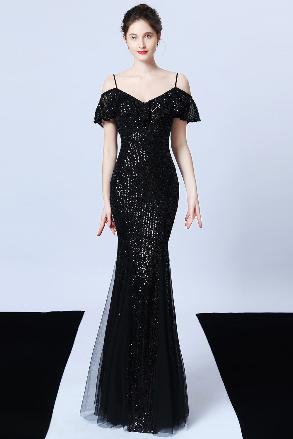 Spaghetti-Straps Mermaid Sequins Prom Dress With Ruffles