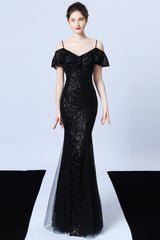 Spaghetti-Straps Mermaid Sequins Prom Dress With Ruffles