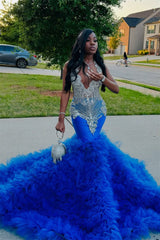 Modern Royal Blue Mermaid Sleeveless Prom Dress With Beadings Tulle Ruffles