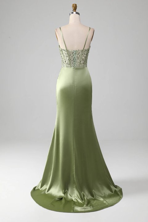Sage Green Sequins Mermaid Prom Dress Sleeveless Spaghetti Straps