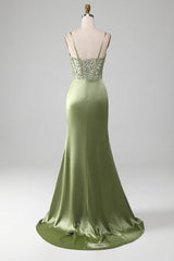 Sage Green Sequins Mermaid Prom Dress Sleeveless Spaghetti Straps