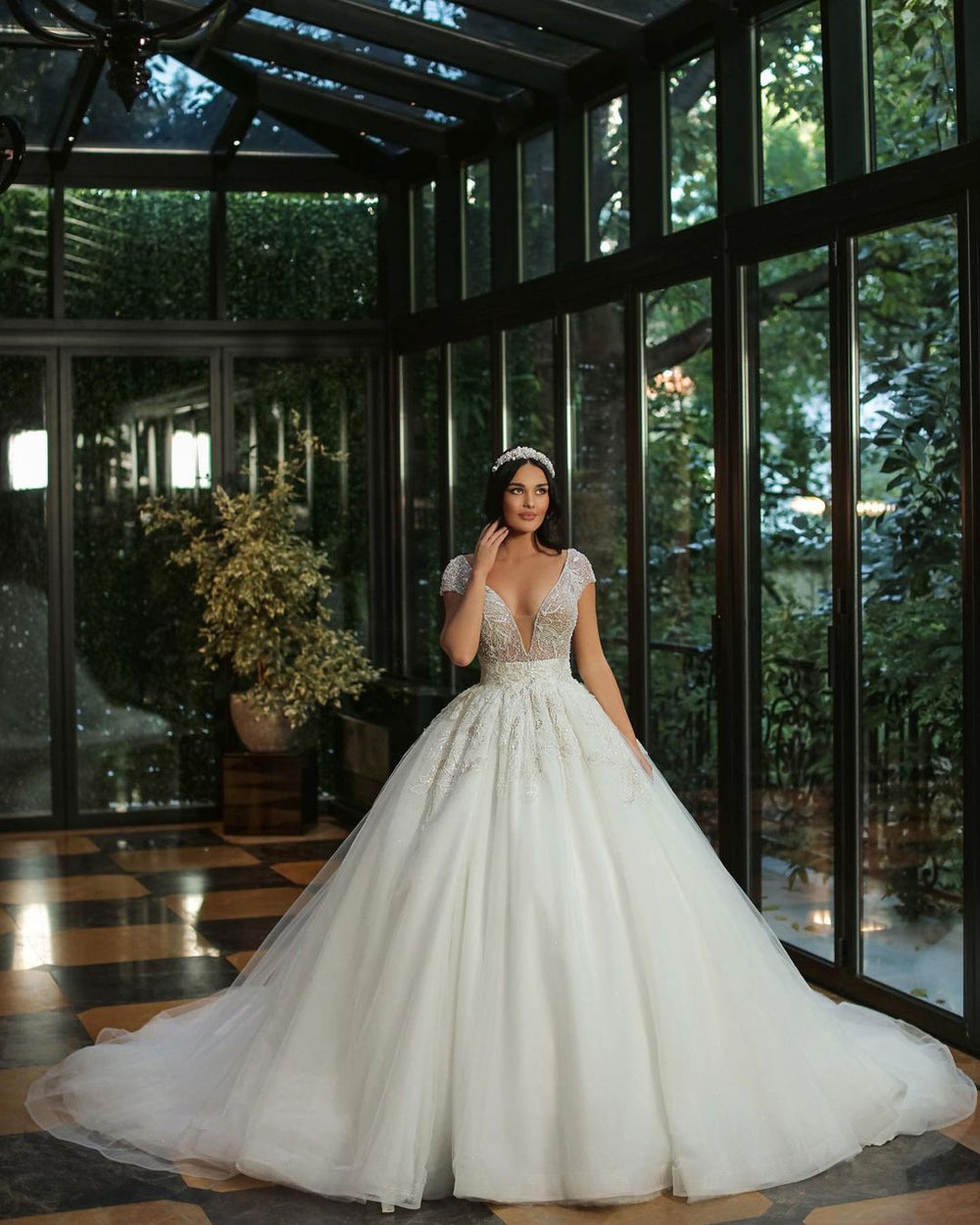 Elegant V-neck A-line Beaded Tulle Wedding Gown with Long Cap Sleeves