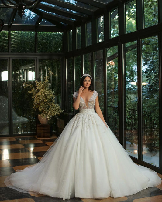 Elegant V-neck A-line Beaded Tulle Wedding Gown with Long Cap Sleeves