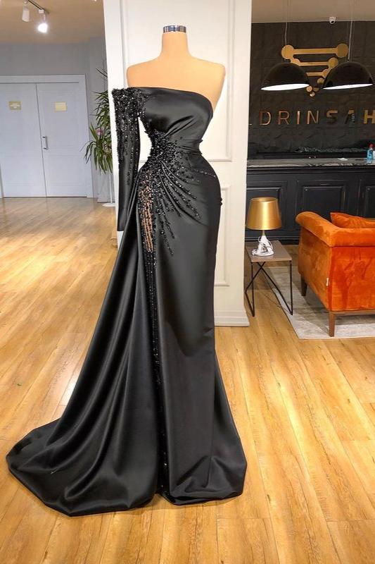 Stunning Black Long Sleeves One Shoulder Mermaid Prom Dress