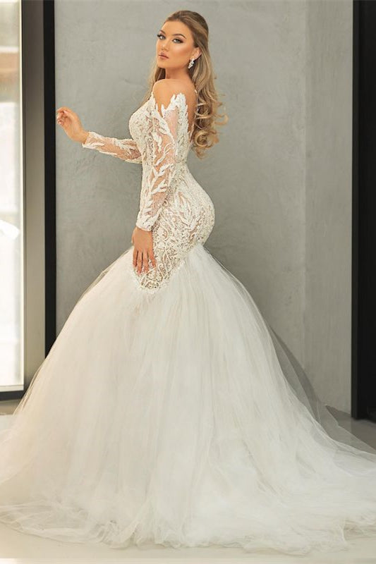 V-Neck Long Sleeve Mermaid Wedding Gown with Lace and Tulle