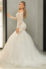V-Neck Long Sleeve Mermaid Wedding Gown with Lace and Tulle