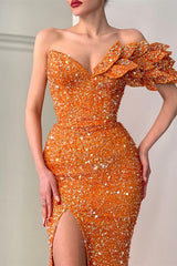 Glitter Orange Off-the-Shoulder V-Neck Mermaid Split Evening Dress with Sequins