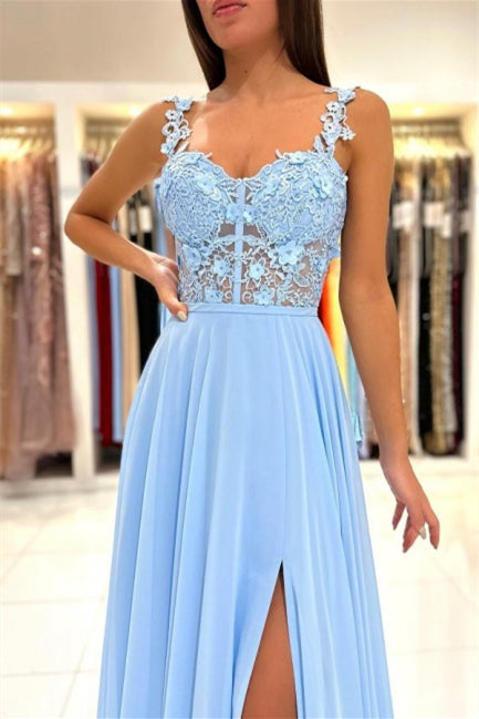 Charming Sky Blue Sleeveless Prom Dress Long Chiffon Slit With Lace Appliques