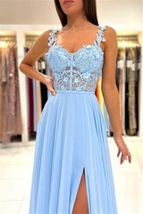 Charming Sky Blue Sleeveless Prom Dress Long Chiffon Slit With Lace Appliques