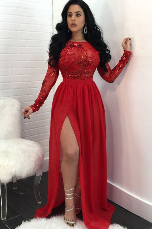 Glamorous Long Sleeves Sequined Prom Dress Long With Slit Open Back