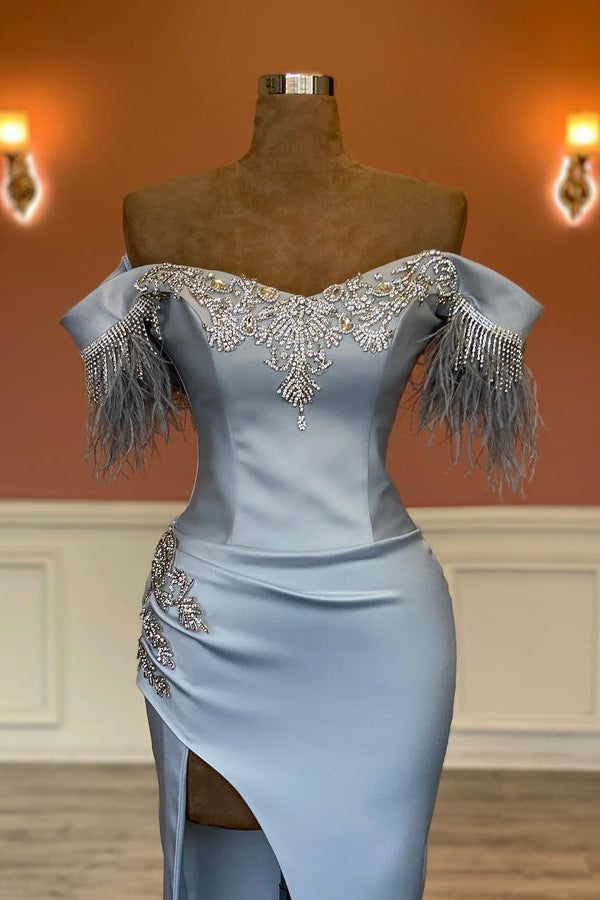 Modern Off-the-Shoulder Sweetheart Mermaid Prom Dress Beadings With Split Feathers