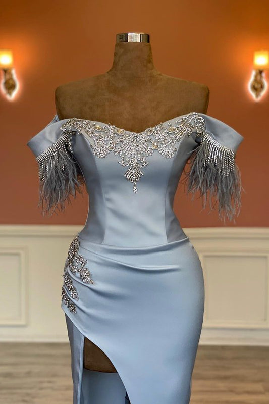 Modern Off-the-Shoulder Sweetheart Mermaid Prom Dress Beadings With Split Feathers
