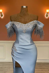 Modern Off-the-Shoulder Sweetheart Mermaid Prom Dress Beadings With Split Feathers