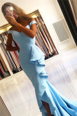 Elegant Sky Blue Off-the-Shoulder Prom Dress Mermaid Ruffles
