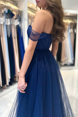 Modern Dark Navy Off-The-Shoulder Sweetheart A-Line Prom Dress Tulle
