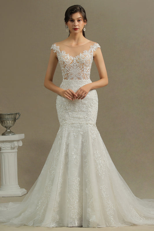Elegant Sheer Mermaid Bridal Gown with Cap Sleeves and Tulle Appliques