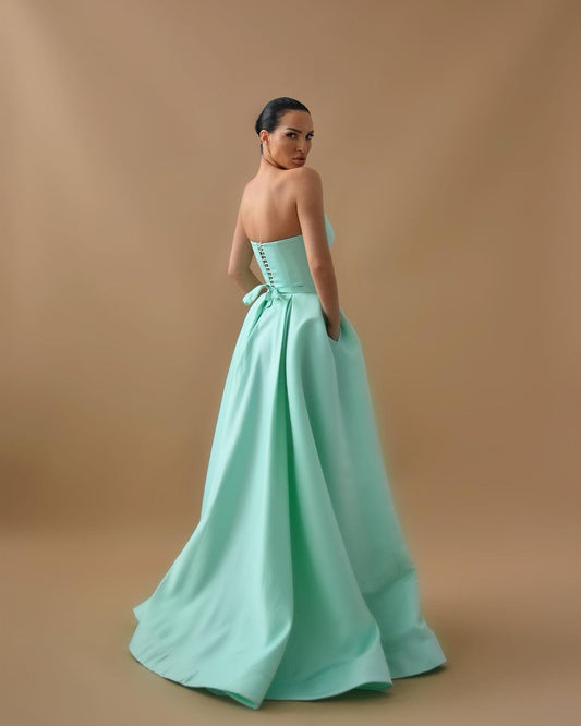 Amazing Strapless Mint Green Prom Dress Split Long With Pocket