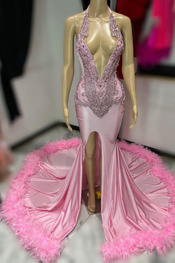 Modern Pink Deep V-Neck Mermaid Prom Dress Beadings Split With Feathers Bottom