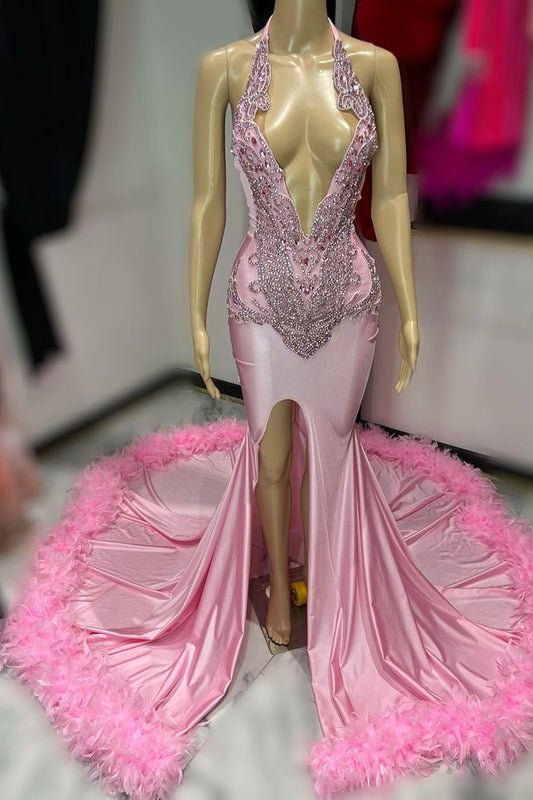 Modern Pink Deep V-Neck Mermaid Prom Dress Beadings Split With Feathers Bottom