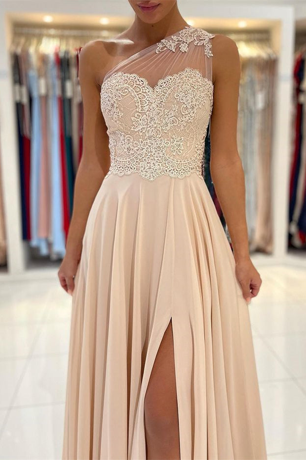 Modern One Shoulder Lace Appliques Prom Dress Chiffon With Slit
