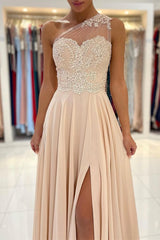 Modern One Shoulder Lace Appliques Prom Dress Chiffon With Slit
