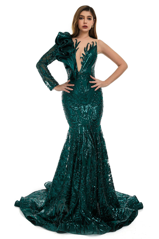 Classic One Shoulder Long Sleeves Prom Dress Mermaid Sequins With Ruffles