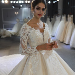 Sweetheart Backless Modest A-Line Wedding Gown with Long Sleeves and Lace Appliques Sequins