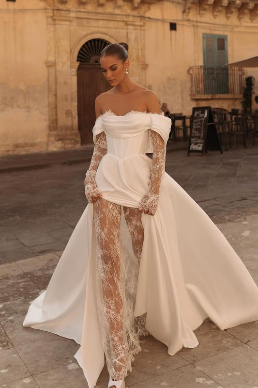 Elegant White Satin Off-the-Shoulder Gown with Long Lace Sleeves and Side Split