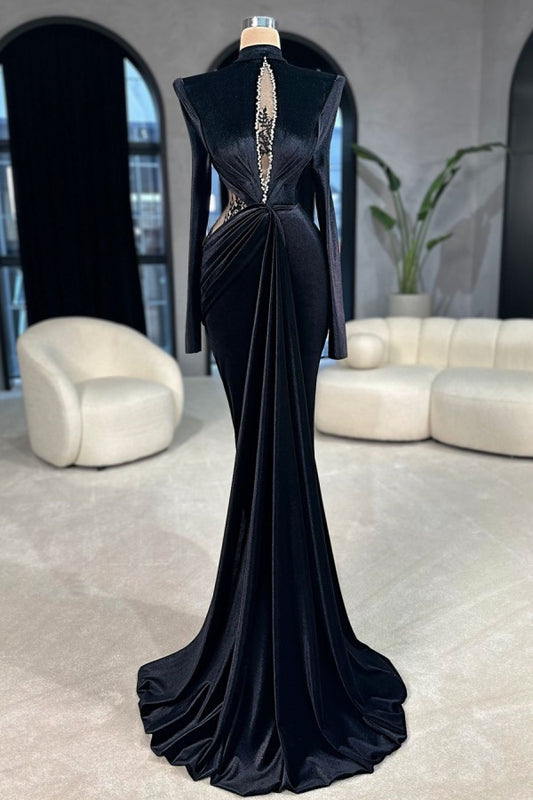 Black Velvet Beads Prom Dress Mermaid Long Sleeves with lace Appliques