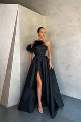 Modern Strapless Long Prom Dresses Front Slit Sleeveless With Feather