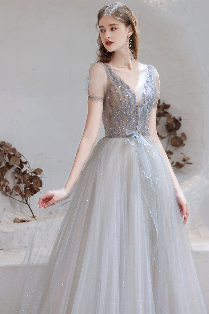 Gorgeous Light Grey Short Sleeve Prom Dress Tulle Long With Beads