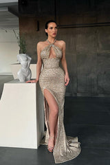 Classic Halter Sequins Mermaid Prom Dress With Split Long