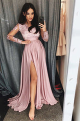 Gorgeous Long Sleeves Split Prom Dress With Lace Appliques