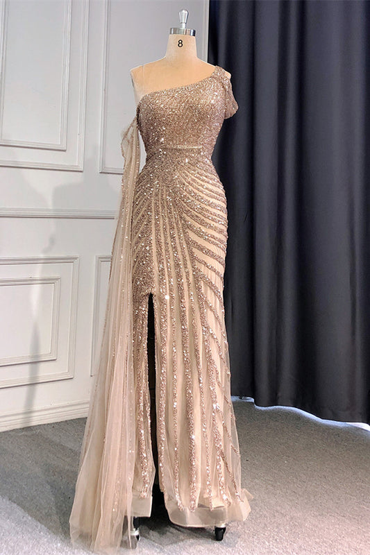 Gorgeous One Shoulder Mermaid Prom Dress Sequins Beadings Split With Ruffle