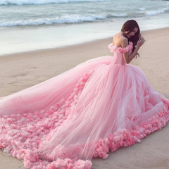 Pink Sweetheart Bridal Gown with Shiny Off-Shoulder Neckline and Rose Appliques