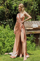 Classic One Shoulder Slit Prom Dress Sleeveless With Pleats