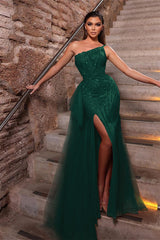 Dusty Pink One Shoulder Ruffle Beadings Mermaid Prom Dress Split with Tulle