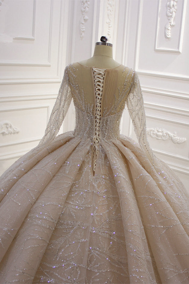 Elegant Bateau Floor-length Ball Gown with Long Sleeves and Ruffles