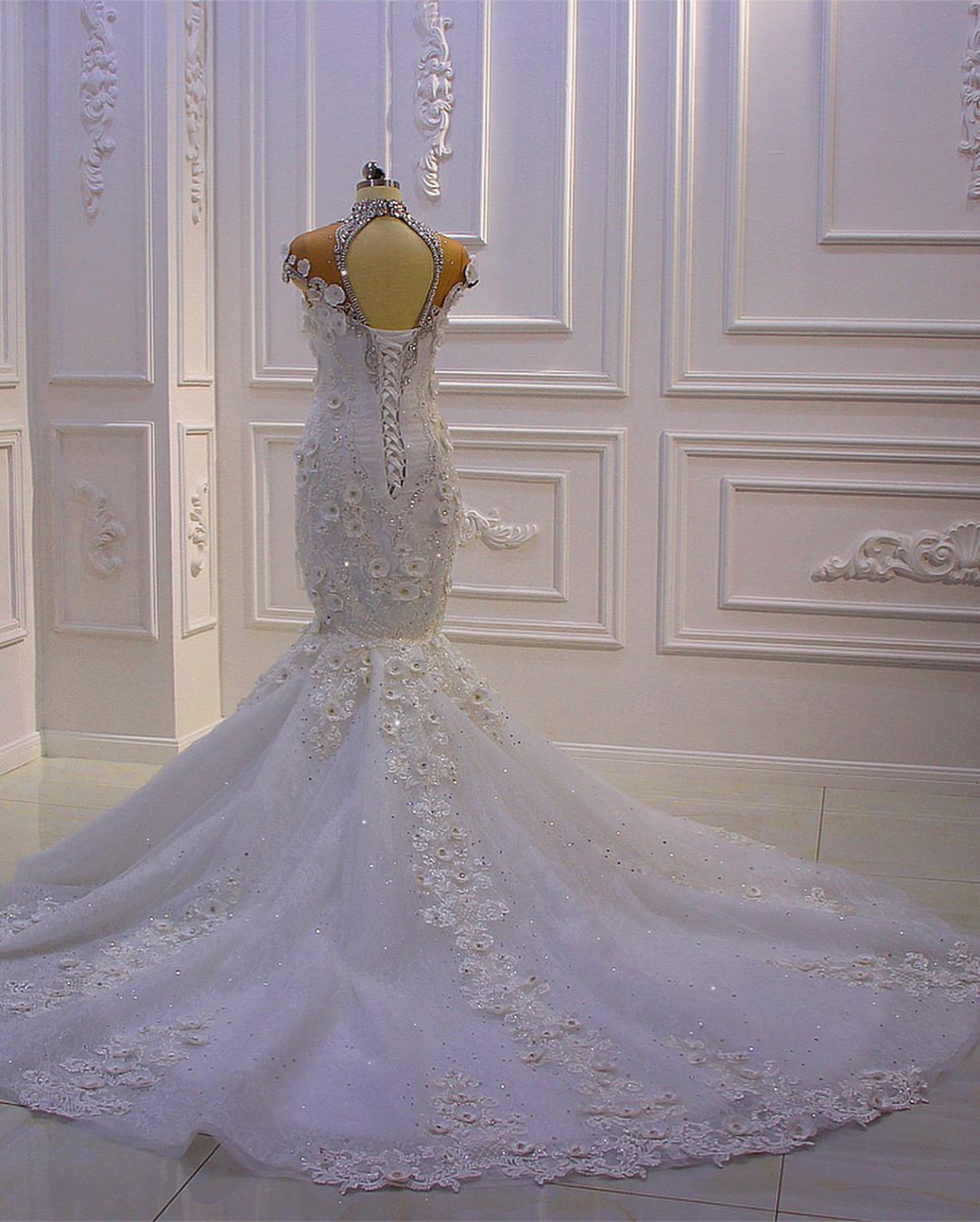 Elegant Mermaid Gown with High Neck, Crystal Tulle, and Lace Appliques