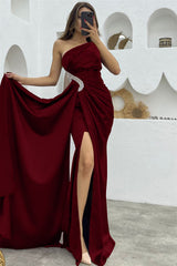 Dark Purple Split Sequins Mermaid One Shoulder Evening Dress with Long Ruffles