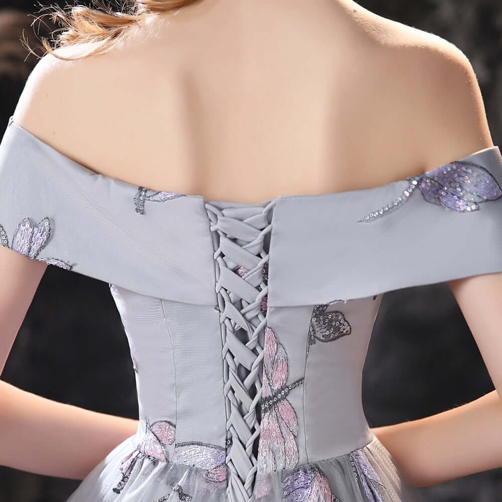 New Arrival Dusty Blue Long Tulle Prom Dress Butterfly Sequins Lace Up